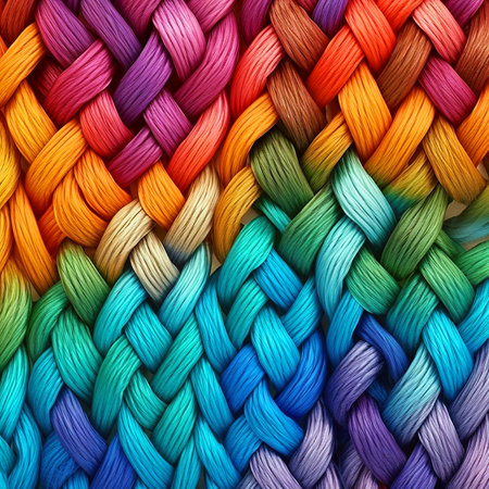 Multi-colored threads woven with pigtails, bright rainbow background, unusual textile wallpaperの素材