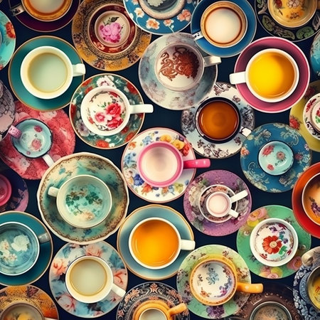 Different tea cups and saucers top view, many cups, beautiful background, unusual wallpaperの素材