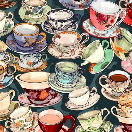 Different tea cups and saucers, colorful drawing, illustration, many cups, beautiful background, unusual wallpaperの素材