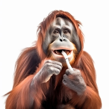 Orangutan brushing his teeth with a toothbrush, oral hygiene, close-up, isolated on whiteの素材