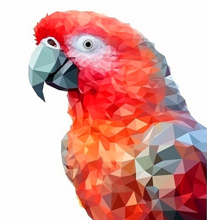 Beautiful bright multicolored parrot portrait head, close-up, polygonal illustration on whiteの素材