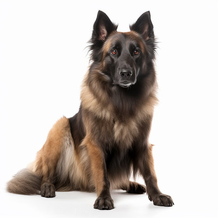 Beautiful fluffy dog breed Belgian Shepherd, close-up, isolated on white, good pet, loyal friendの素材
