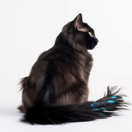 Fantastic unusual black cat with turquoise pavilin feathers, close-up isolated on whiteの素材
