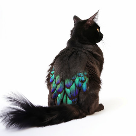 Fantastic unusual black cat with turquoise pavilin feathers, close-up isolated on white,の素材