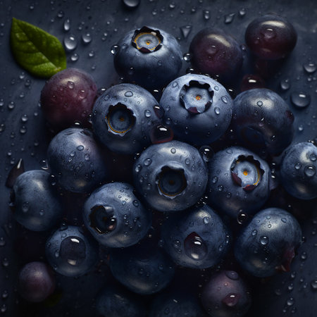 Blueberries background, appetizing fresh blue blueberries with water drops, berries and leaves close-up, food fruit wallpaperの素材
