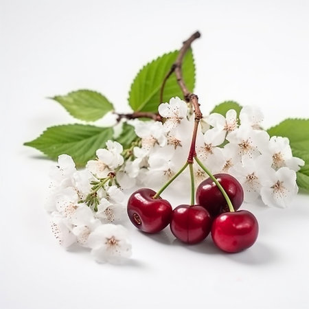 Red cherry, delicious juicy appetizing  berries and tender white cherry flowers, close-up isolated on white, for advertising and package designの素材