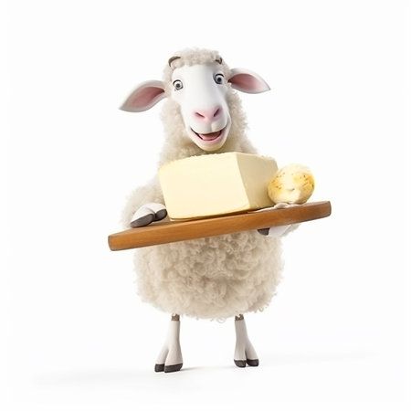 Cheerful sheep holds a delicious appetizing sheep cheese, cartoon style, close-up on a white background, for advertising and packaging designの素材
