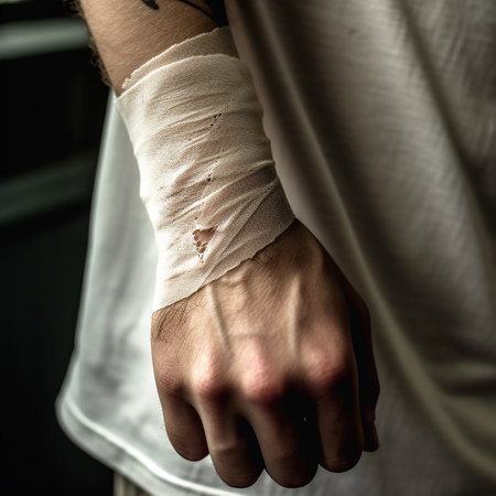 Strong muscular male arm bandaged, white bandage, wound, injury, close-upの素材