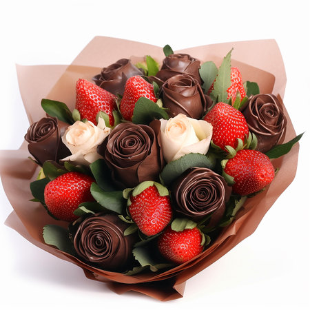 Unusual bouquet of chocolate roses and strawberries, close-up on a white background, great gift, congratulationの素材