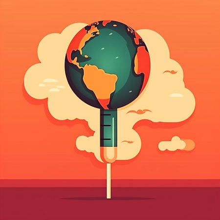 Climate warming concept, earth globe, thermometer on red orange backgroundの素材