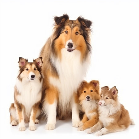Cute fluffy collie breed dog with puppies, close-up portrait, isolated on white, good friend, companion, petの素材