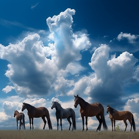 A herd of beautiful horses on a field against a background of blue sky and clouds, a beautiful natural landscapeの素材