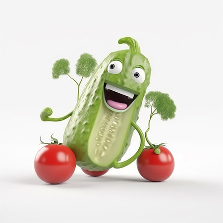 Funny cucumber dancing with a tomato on a white background, funny vegetables, cartoon style, for advertising and packaging design,の素材