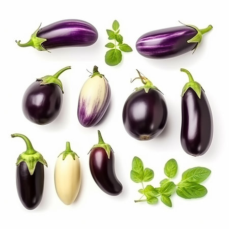 Eggplant, a lot of different fresh bright eggplant fruits on a white background, vegetable background for advertising and packaging designの素材