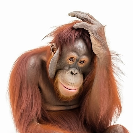 Orangutan monkey thinks, orangutan scratches his head with his hand in thought, close-up, on white backgroundの素材