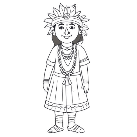Vector illustration for coloring children Indian in national costume. Black and white vector cute funny character in cartoon style.のイラスト素材