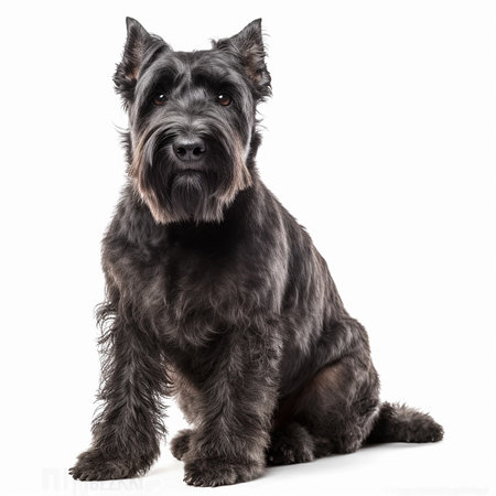 Flanders bouvier dog close up portrait isolated on white background. Brave pet, loyal friend, good companion,の素材