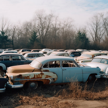Junkyard of old cars, many different broken rusty cars,の素材