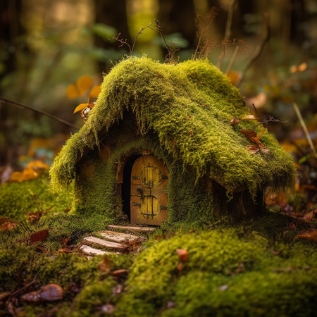 small magical fairy tale wooden house in the forest covered with green moss, gnome's houseの素材
