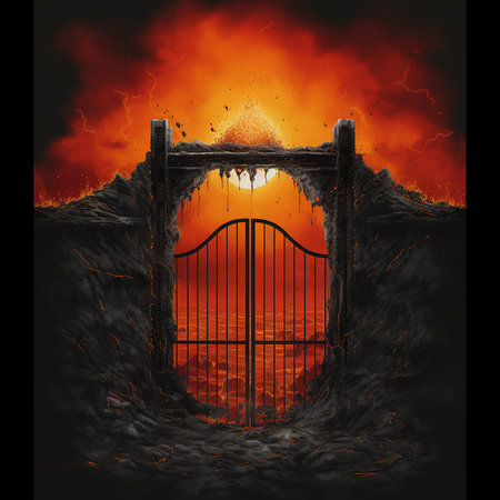 Gates to hell, high iron gates and huge hellish flames behind them, scary fantasy illustrationの素材