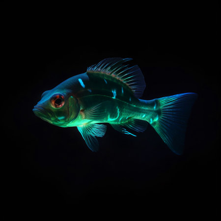 Glowing beautiful turquoise deep sea fish on a black background close-upの素材