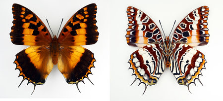 Beautiful motley butterfly isolated on white. Charaxes andranogorus female top and upside macro close up, collection butterflies, nymphalidae, lepidopteraの写真素材