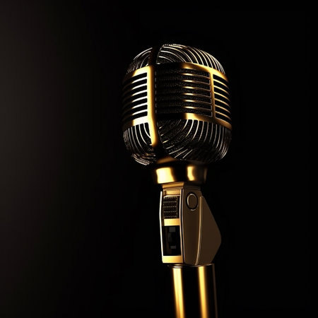 Golden microphone close-up on black, microphone covered with gold, for the design of musical worksの素材