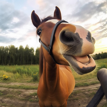 Horse laughs, horse takes selfie, close-up of muzzle of horse, funny photos with animalsの素材