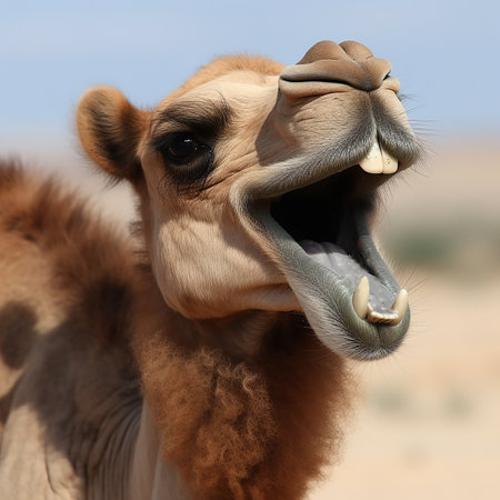Camel laughs, smiles, rejoices, close-up portrait, funny photo with animals petsの素材