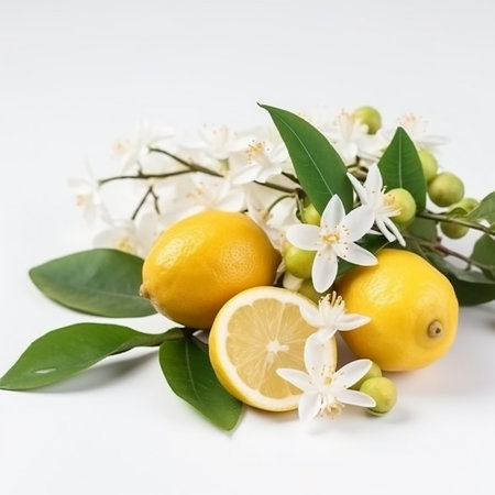 Lovely white lemon flowers and bright yellow fruits close-up on white, nice fruity backgroundの素材