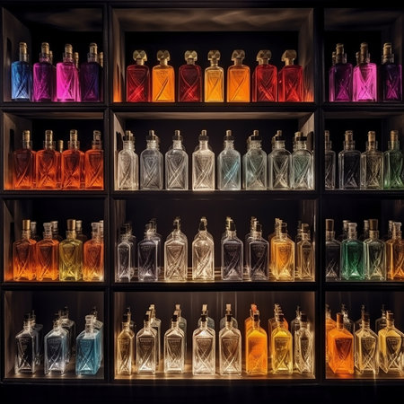 Perfume shop window. Lots of colorful perfume bottles on the shelves.の素材