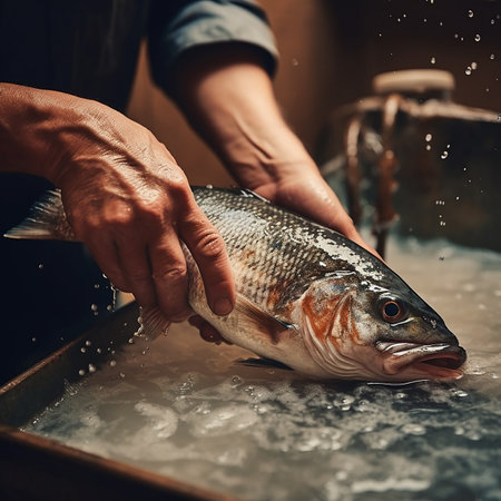 Man cleans and washes the fish, close-up, the seller of the fish storeの素材