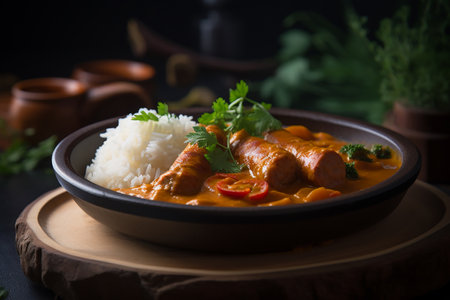 Delicious appetizing sausage in curry sauce with rice, on a black background.の素材