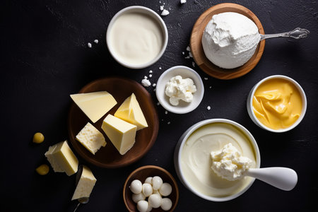Different fresh delicious dairy products, cheese, butter, milk, cream, yogurt, top view photo on a black background, flatleyの素材
