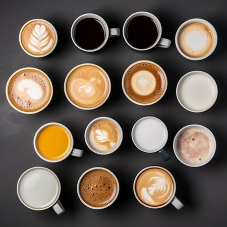 Various cups of coffee on black, cappuccino, espresso, americano, latte, each next to the other photo from above, flatley, food backgroundの素材