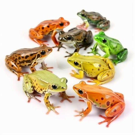 Background from different colorful frogs on white, many different types of amphibians zoological biological natural wallpaperの素材
