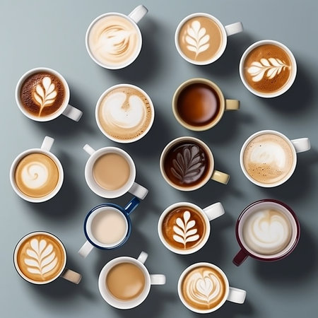Various cups of coffee on black, cappuccino, espresso, americano, latte, each next to the other photo from above, flatley, food backgroundの素材