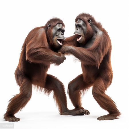 Two orangutans fight on a white background, duel battle of monkeysの素材