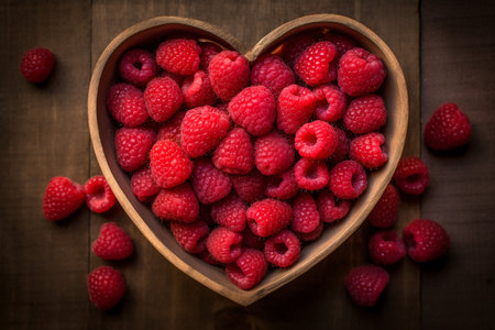 Fresh ripe red sweet delicious appetizing raspberries in a heart shaped basket on a black background, fruit background for advertising and packaging designの素材