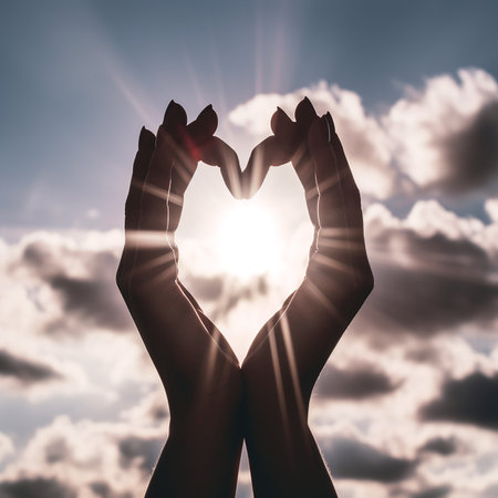 Heart symbol folded from hands against the background of the sun, blue sky and clouds, a background of happiness and loveの素材