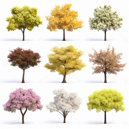 Different flowering trees next to each other on a white background, beautiful colors, spring summer background, floral wallpaperの素材