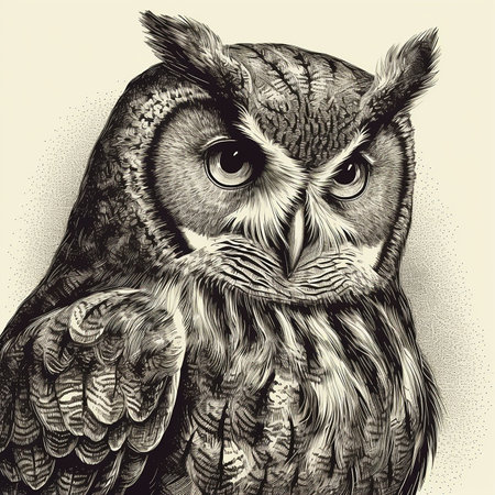 Owl, engraving style, closeup portrait, black and white drawing, bird of preyの素材