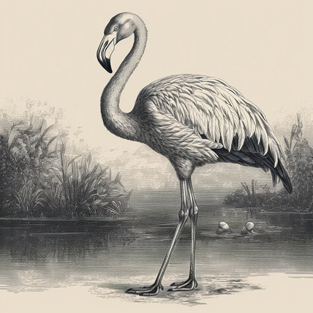 Flamingo, engraving style, close-up portrait, black and white drawing, beautiful birdの素材