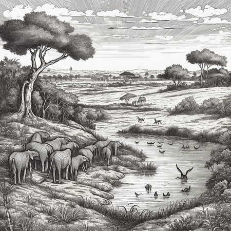African savanna landscape, lake, herd of elephants, engraving style, black and white drawingの素材