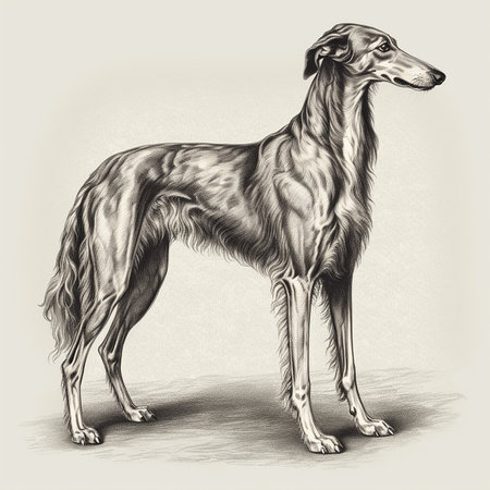 Greyhound, engaving style, close-up portrait, black and white drawing, hunting dogの素材