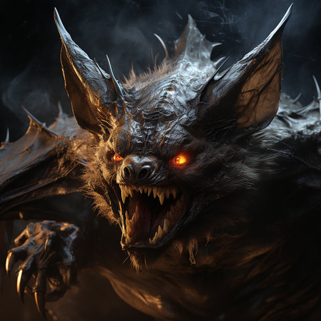 Scary terrible bat vampire with huge fangs teeth on black with fire, horror, nightmare, halloween backgroundの素材