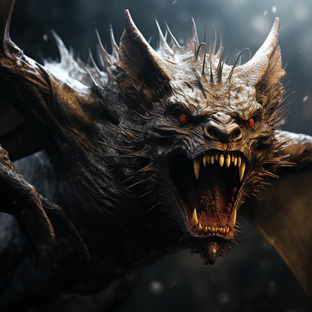 Scary terrible bat vampire with huge fangs teeth on black with fire, horror, nightmare, halloween backgroundの素材