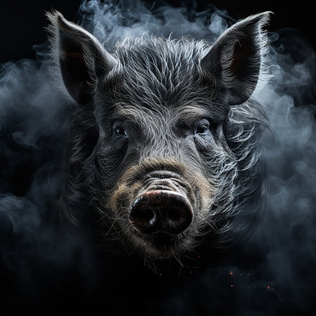 Scary background for halloween, contours of an shaggy scary wild pig head boar in smoke and fire on black, horror, nightmareの素材