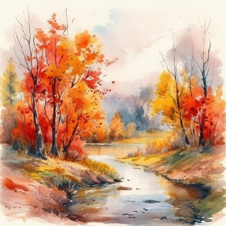 Beautiful watercolor autumn landscape, bright yellow and red forest on the bank of a small river, traditional autumn background, good seasonal wallpaperの素材