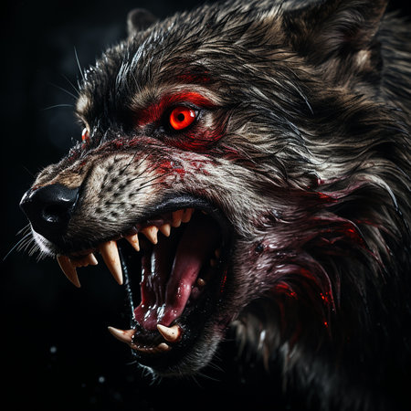 Terrible head of an evil wolf with bared mouth with large fangs, stained with blood, predatory beast, on black close-up, werewolf, Halloween backgroundの素材